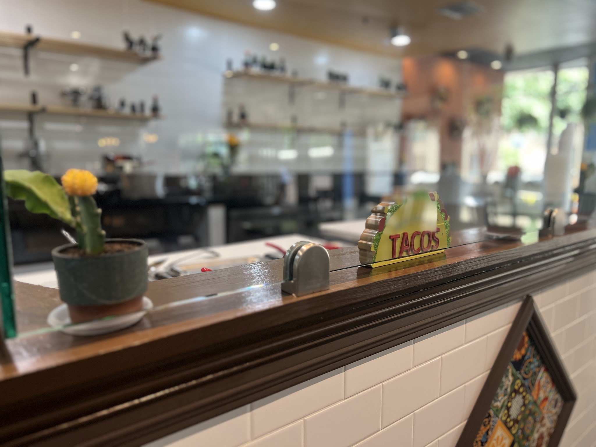 Counter detail with a taco-shaped sign, mini cactus and tile art