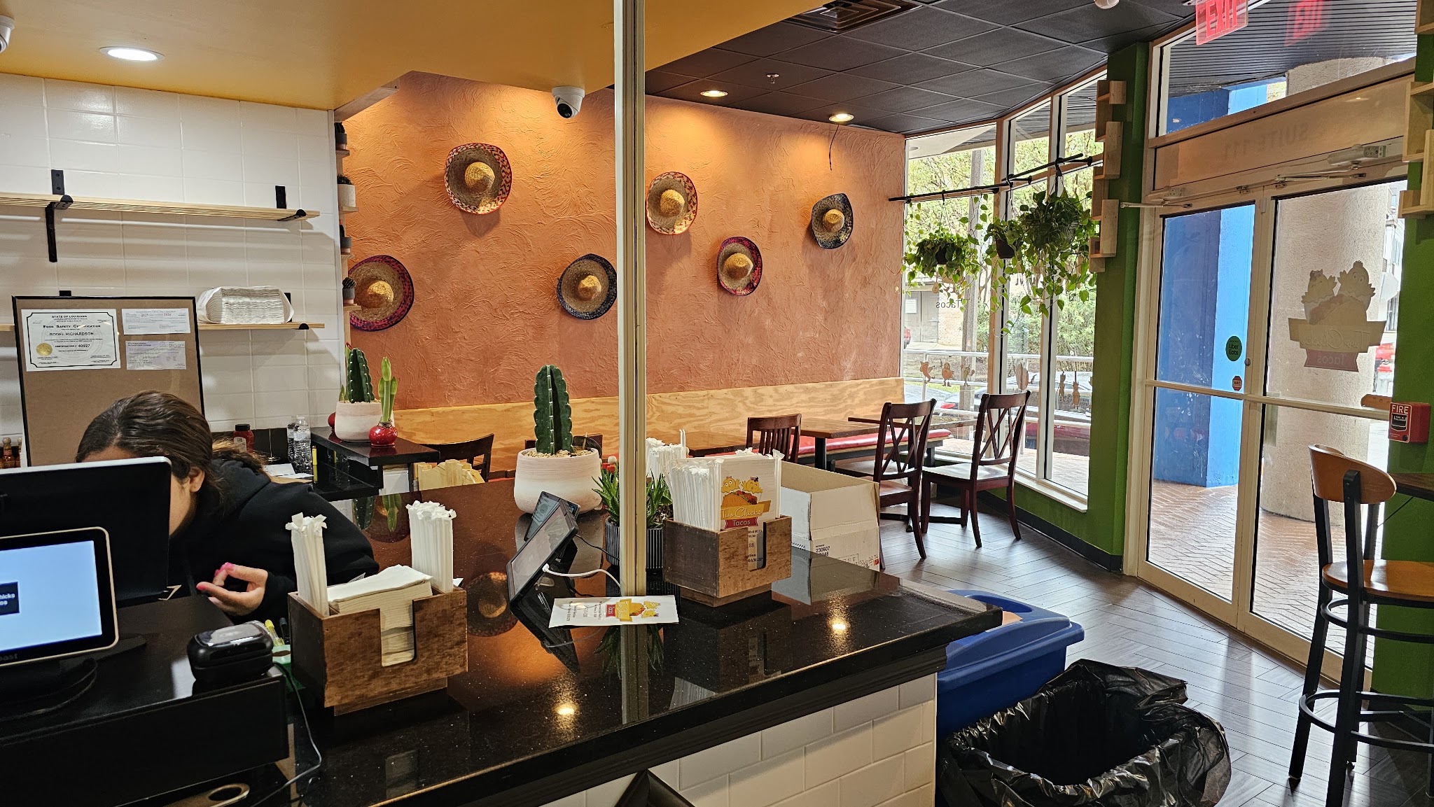 Dining room with hanging plants and storefront doors